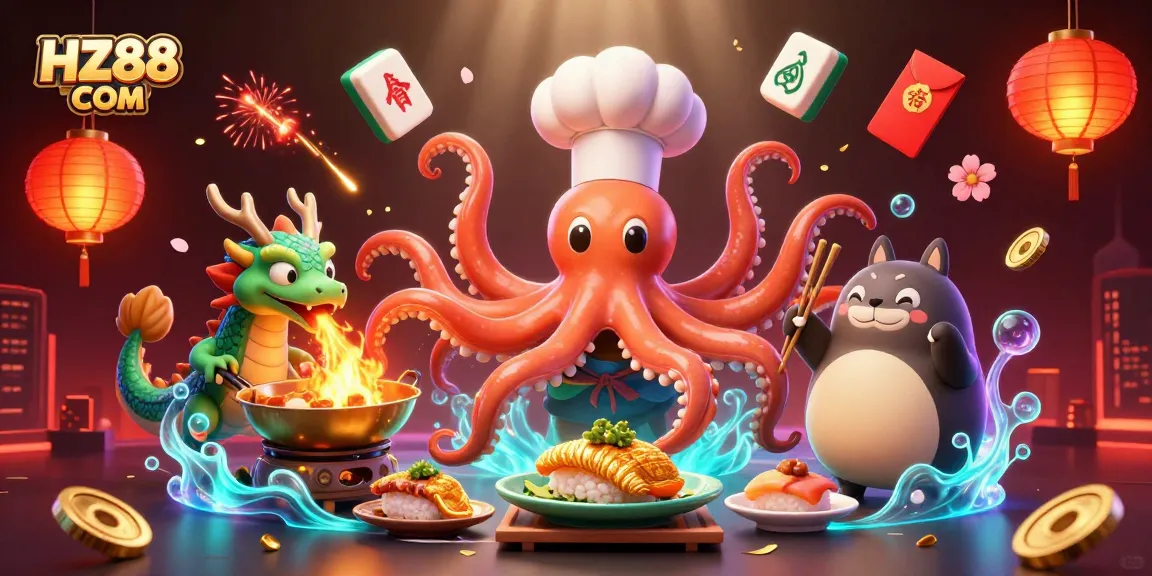 Join the excitement at HZ88 COM, featuring vibrant characters and rich casino elements.