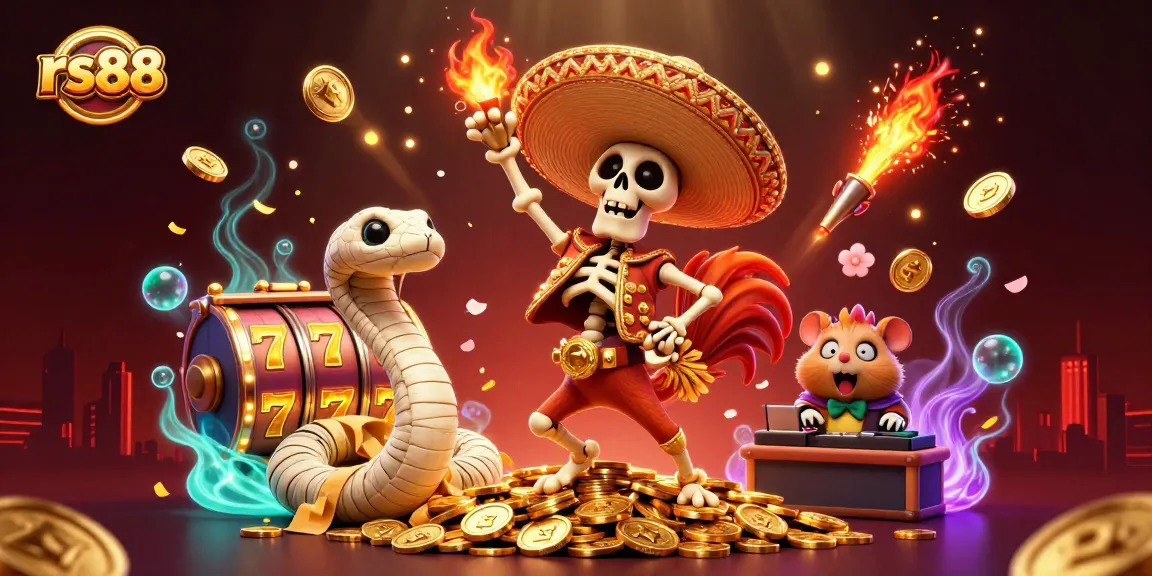 Experience the excitement of rs88 with a vibrant 3D casino scene featuring a dancing skeleton rooster, a mummy snake, and a DJ hamster.