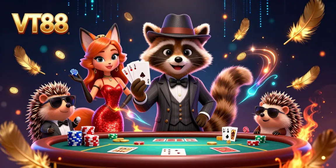 VT88 raccoon gentleman holds a royal flush in a vibrant casino scene with dynamic characters.