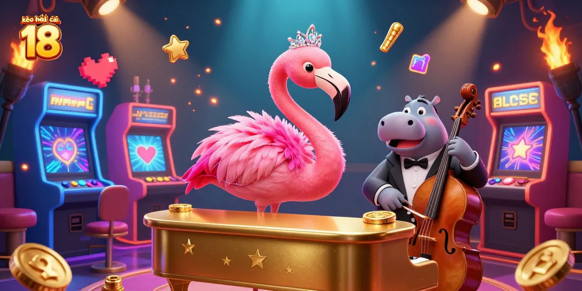 Engage with kèo nhà cái 18 in a lively casino scene featuring a flamingo singer and hippo bassist.