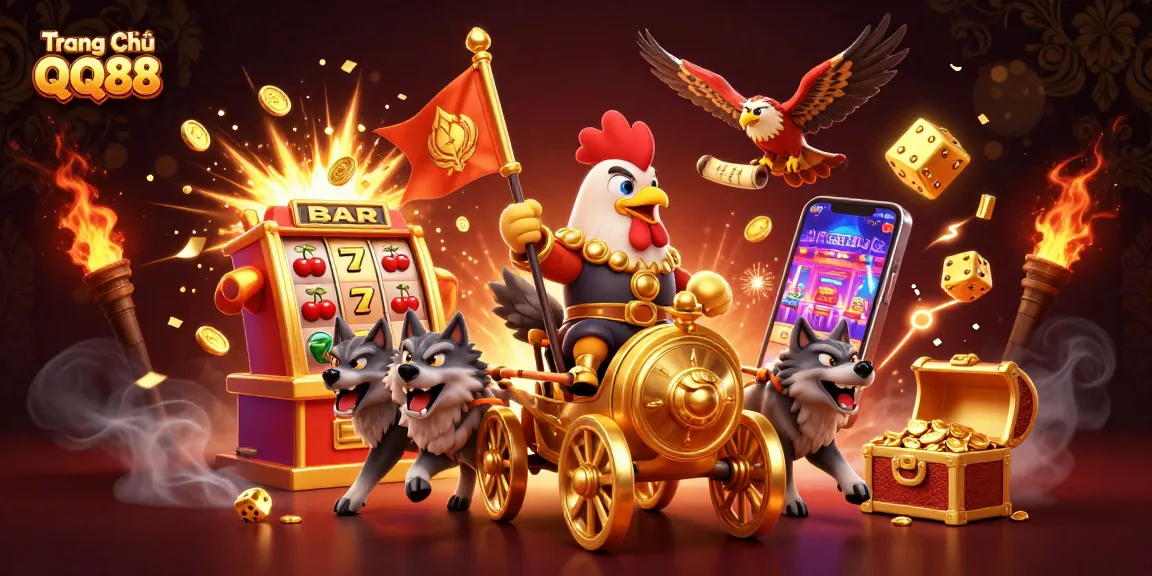 Experience the excitement of winning at Trang Chủ QQ88 with a vibrant 3D casino illustration featuring epic characters and game elements.