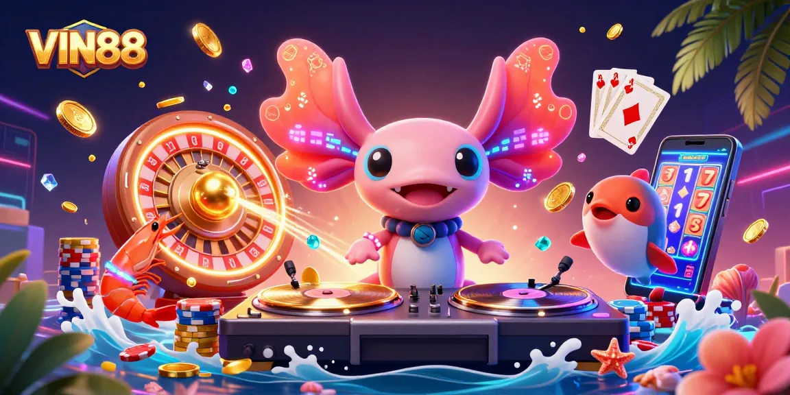 Experience the vibrant world of VIN88 as a neon-colored axolotl DJ spins at an underwater casino party.