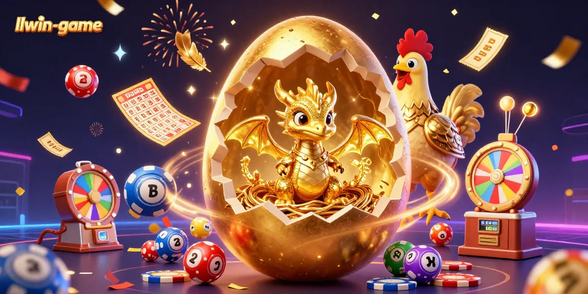 Experience thrilling surprises with llwin-game's vibrant gambling illustration featuring a golden dragon and lottery elements.