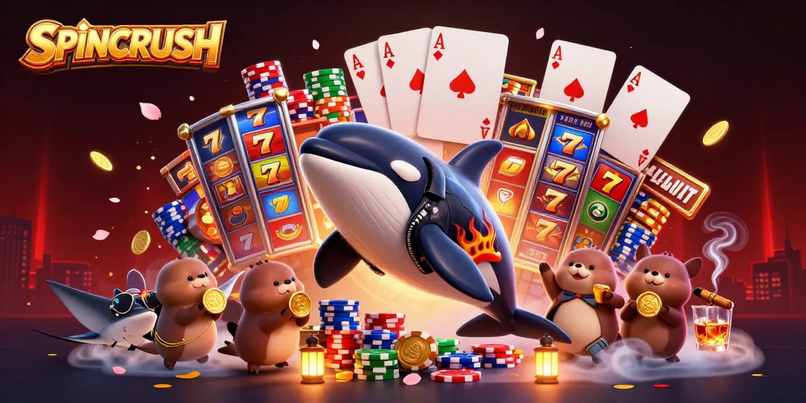 SpinCRUSH players jump into the action, engaging in thrilling slot game excitement in this colorful 3D scene.