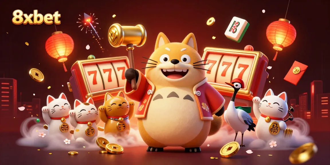 Experience the excitement of 8xbet with cheerful characters, casino elements, and vibrant decorations.