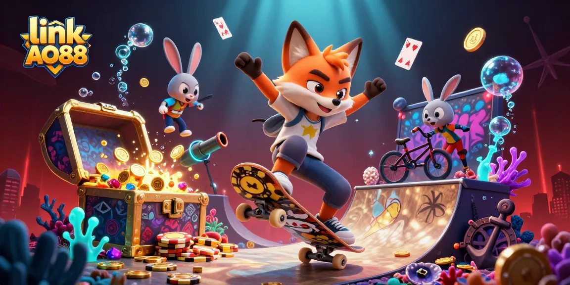 Experience thrill and wins with "link AO88" featuring vibrant graphics from a lively casino scene.