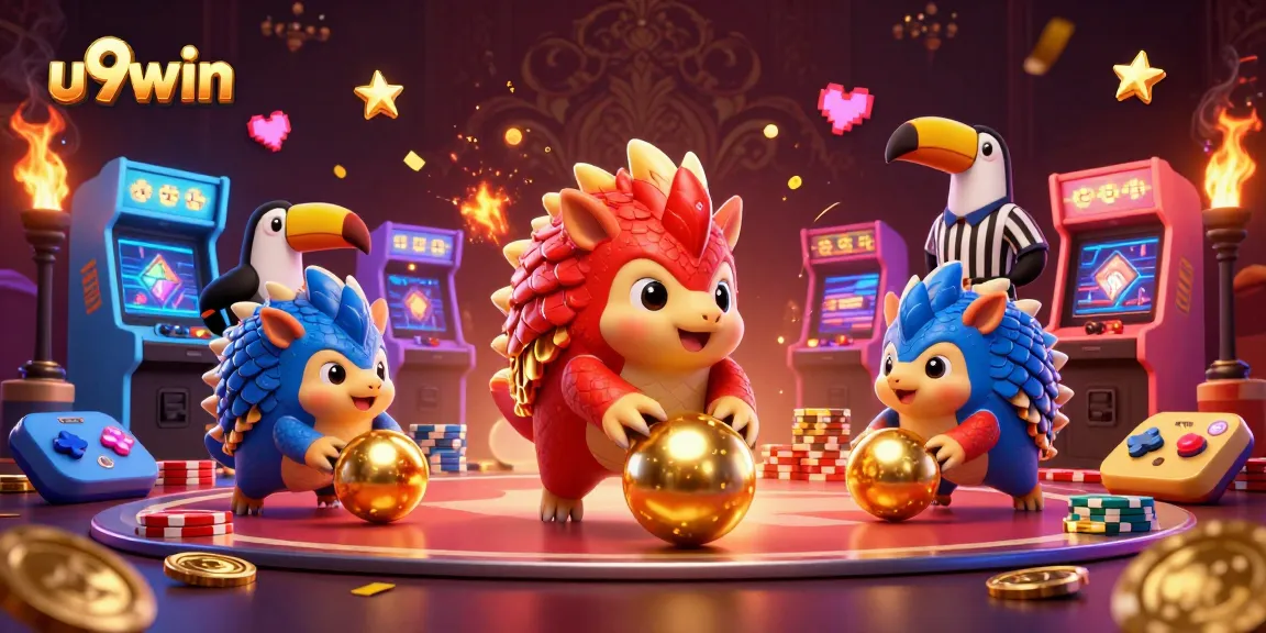 u9win pangolins compete in a vibrant casino scene with poker chips and arcade elements
