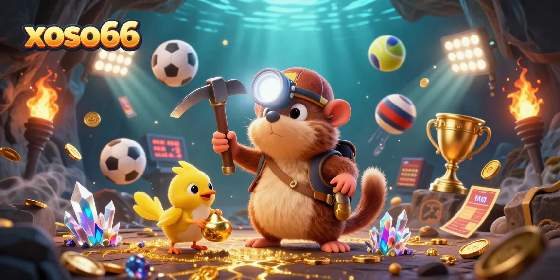 Win big with xoso66 while sports balls fly around treasure-hunting characters in a vibrant casino illustration.