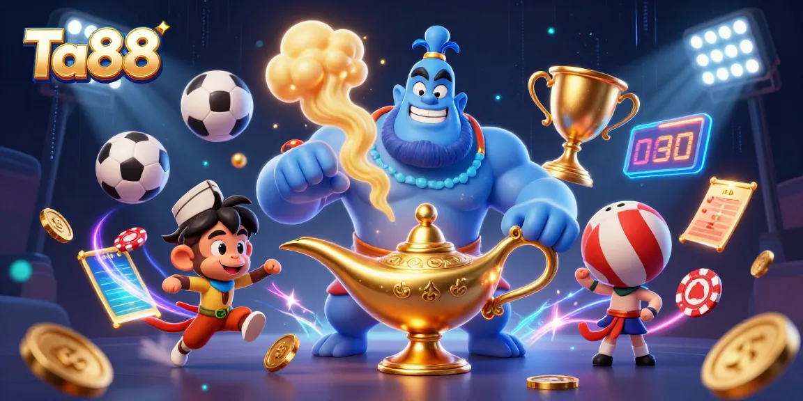 Dynamic scene featuring Ta88 with a genie, monkey, and magic carpet amidst casino elements.
