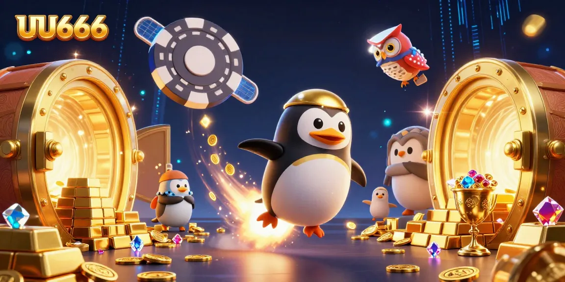 Engage with thrilling features of UU666 as golden penguins navigate a vibrant casino space.