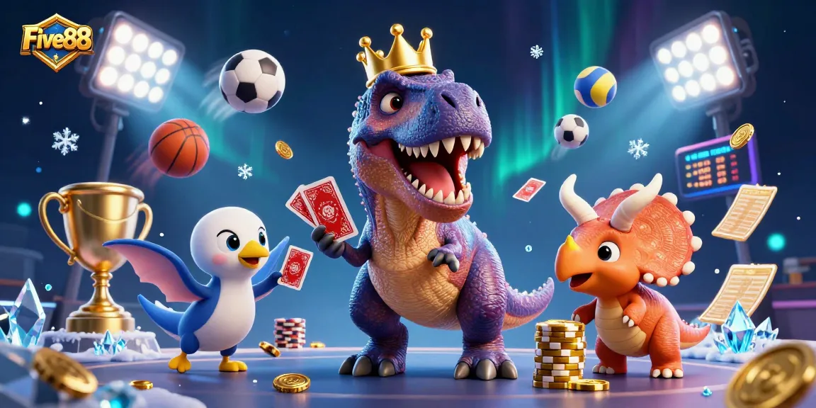 Five88 showcases a vibrant casino atmosphere with cartoon dinosaurs enjoying games, sports elements, and golden rewards.