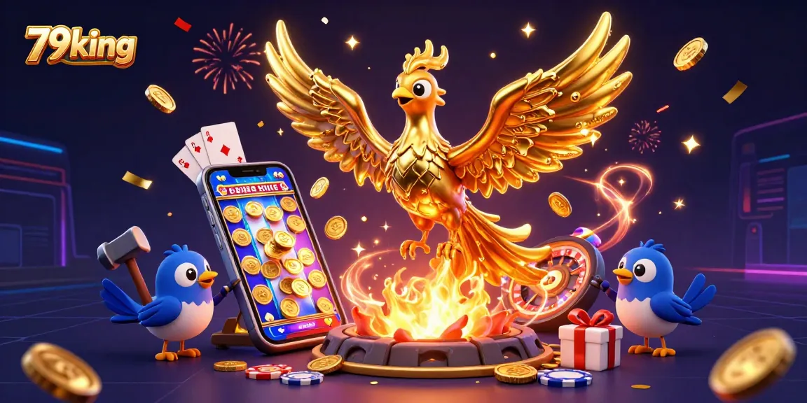 Experience the excitement of 79king with vibrant slot games and golden moments in this 3D illustration.