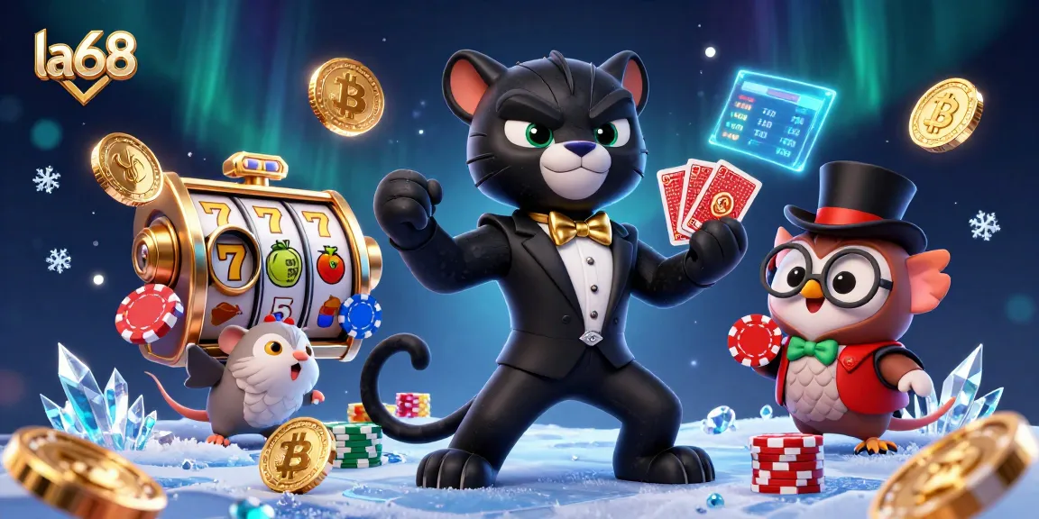 Play at la68 with a stylish panther dealing cards amid jackpot symbols and crypto coins