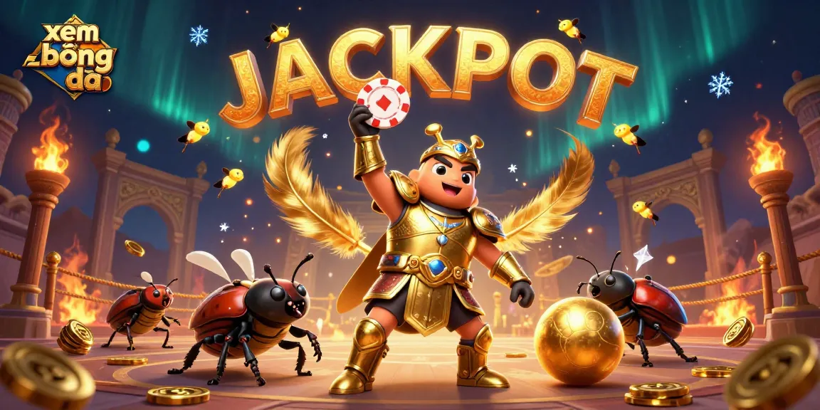 Experience xem bóng đá with a victorious beetle lifting a poker chip amidst a vibrant casino scene.