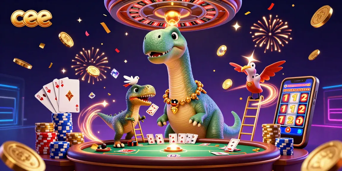 Engage with cee in a dazzling casino scene featuring a cartoon brontosaurus and vibrant game elements.