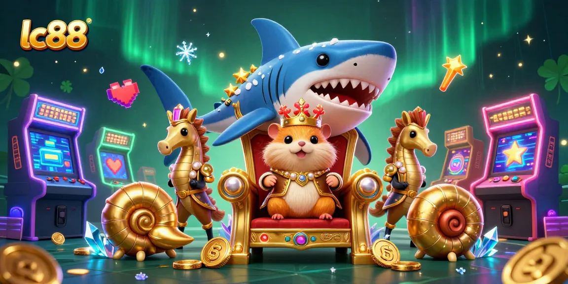 Engage with lc88's thrilling gaming experience featuring a golden hamster king amidst arcade elements.