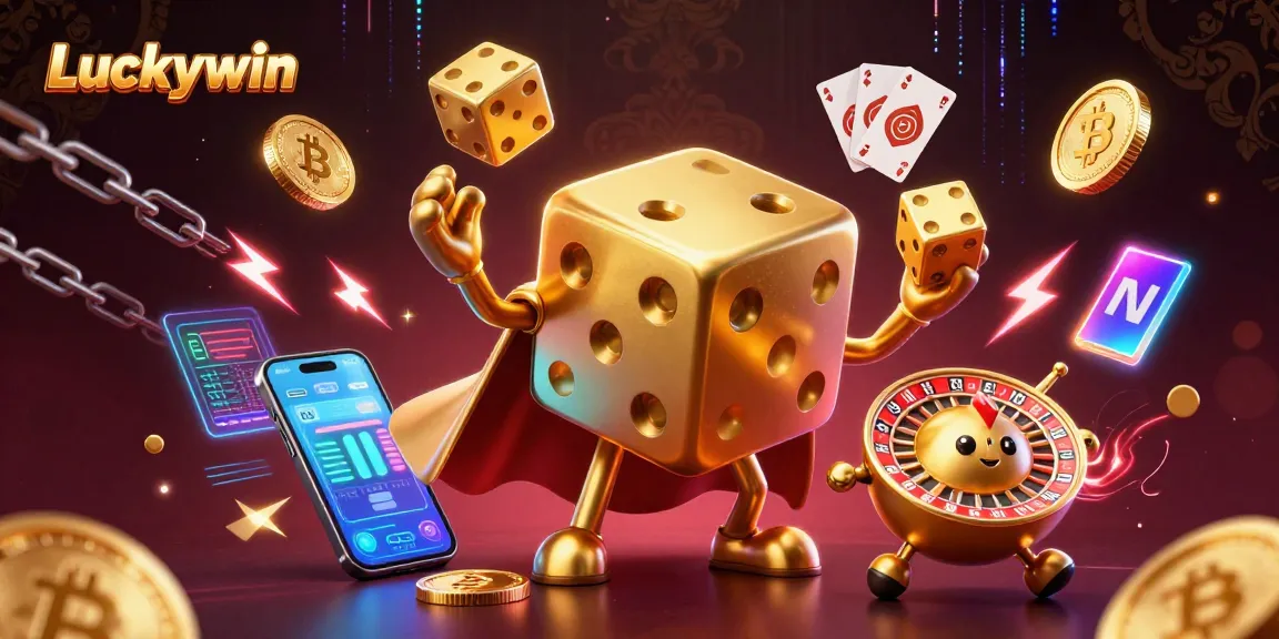 Engage with Luckywin's immersive 3D casino adventure featuring vibrant golden dice and crypto elements.