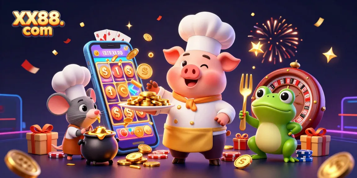Engage in gaming excitement at XX88. com, where lively characters celebrate with gold coins and casino elements.