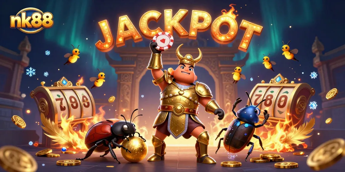 Experience the excitement of nk88 with a vibrant casino scene featuring a hercules beetle celebrating a jackpot.