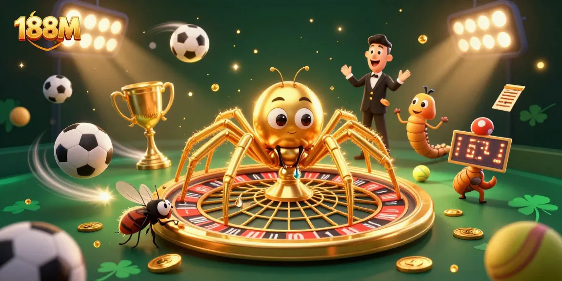 Experience thrilling gambling action at 188M with a golden spider spinning roulette and vibrant sports elements.