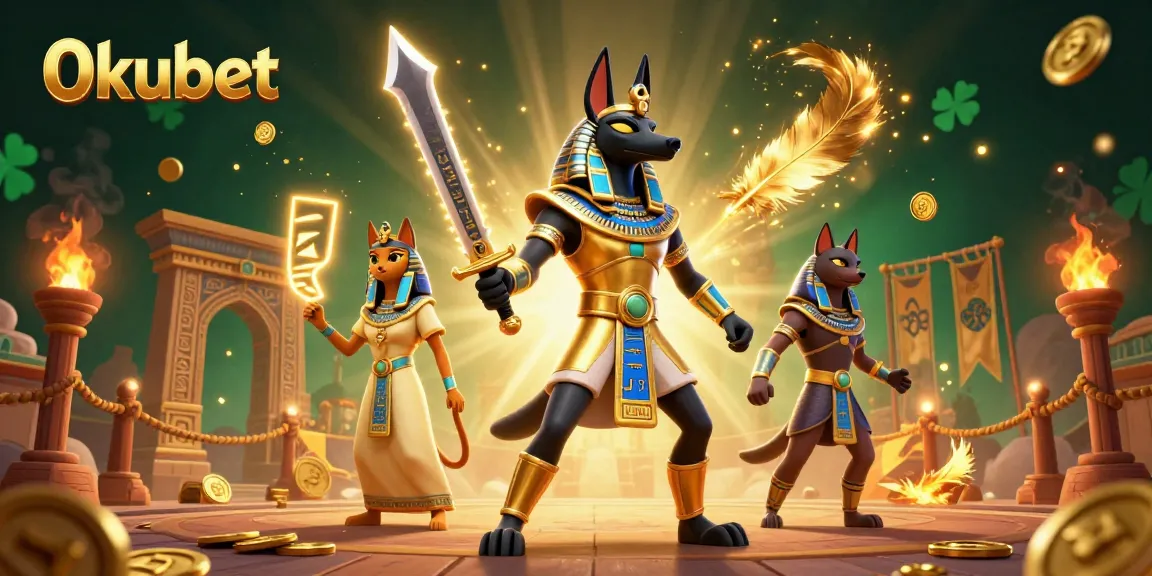 Experience the thrill of 0kubet with Anubis and Bastet amidst a dynamic casino scene.