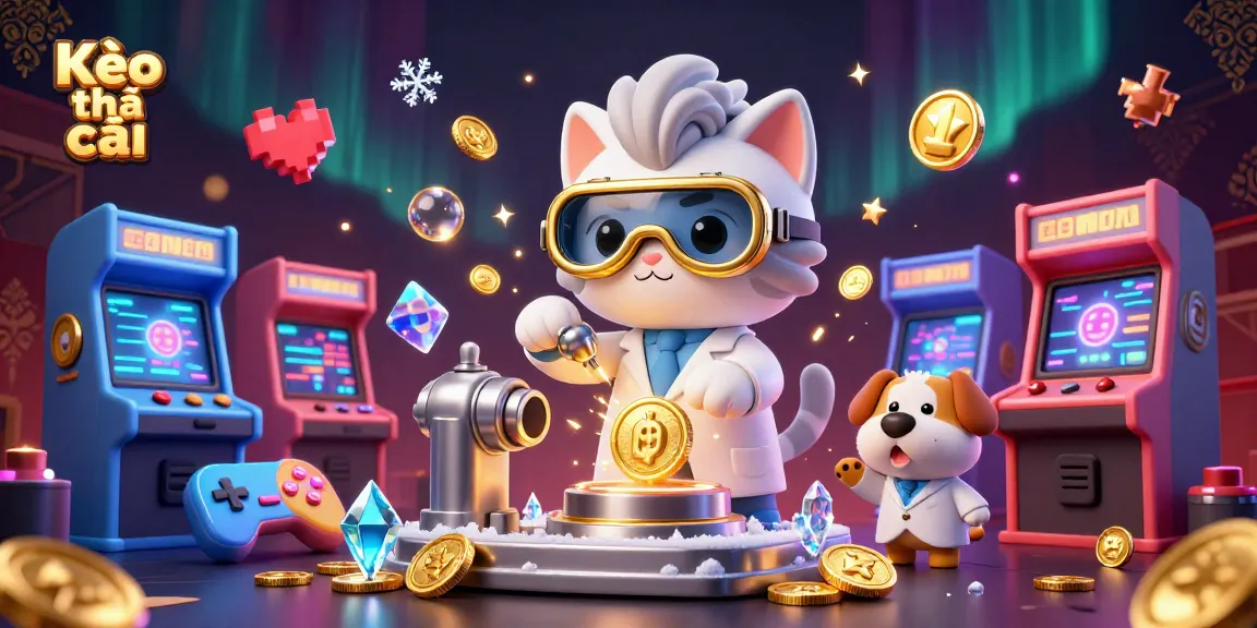 Kèo nhà cái shows a mad scientist cat creating a gold-coin machine amid colorful gaming elements.