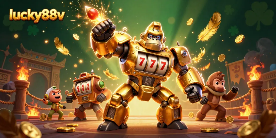 Experience thrilling gameplay with lucky88v's golden gorilla mech smashing through games, winning jackpots.