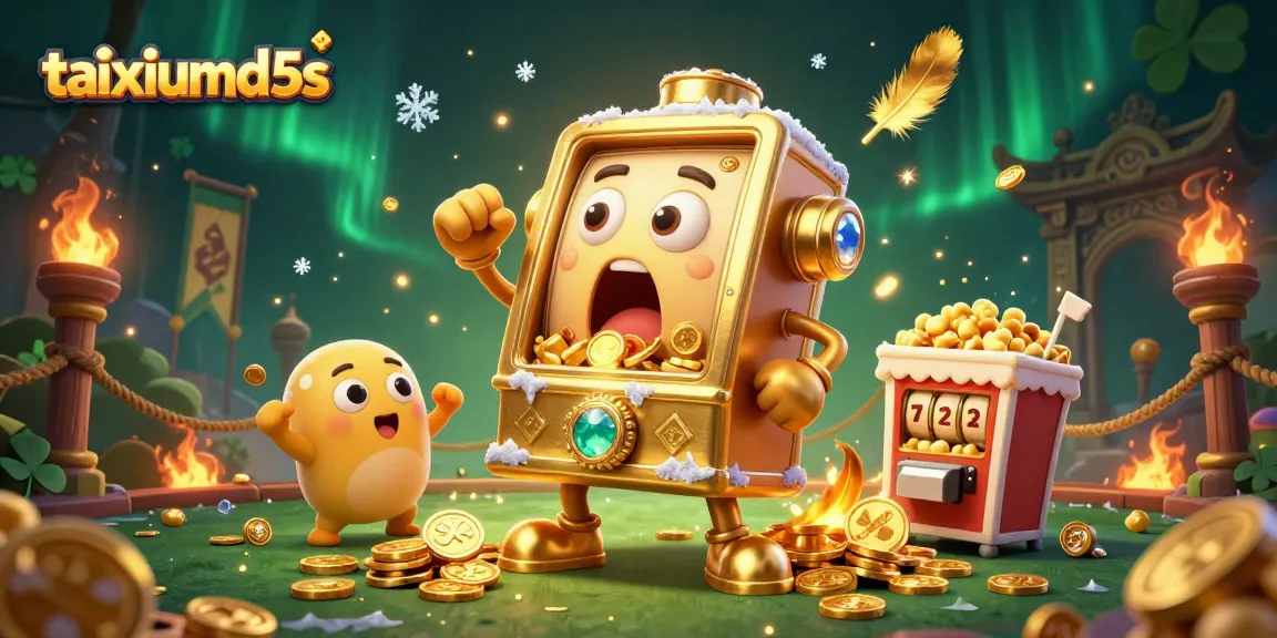 Experience the excitement of taixiumd5s with a golden slot machine hitting a jackpot as coins pour out.