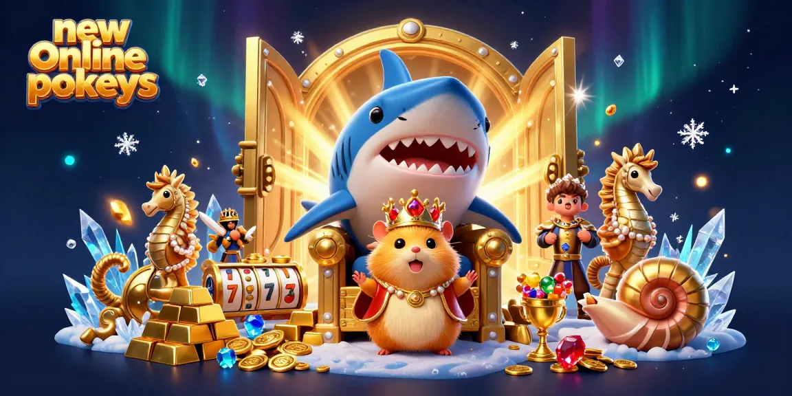 Engage with new online pokies featuring a golden hamster king perched on a megalodon throne amidst treasures.