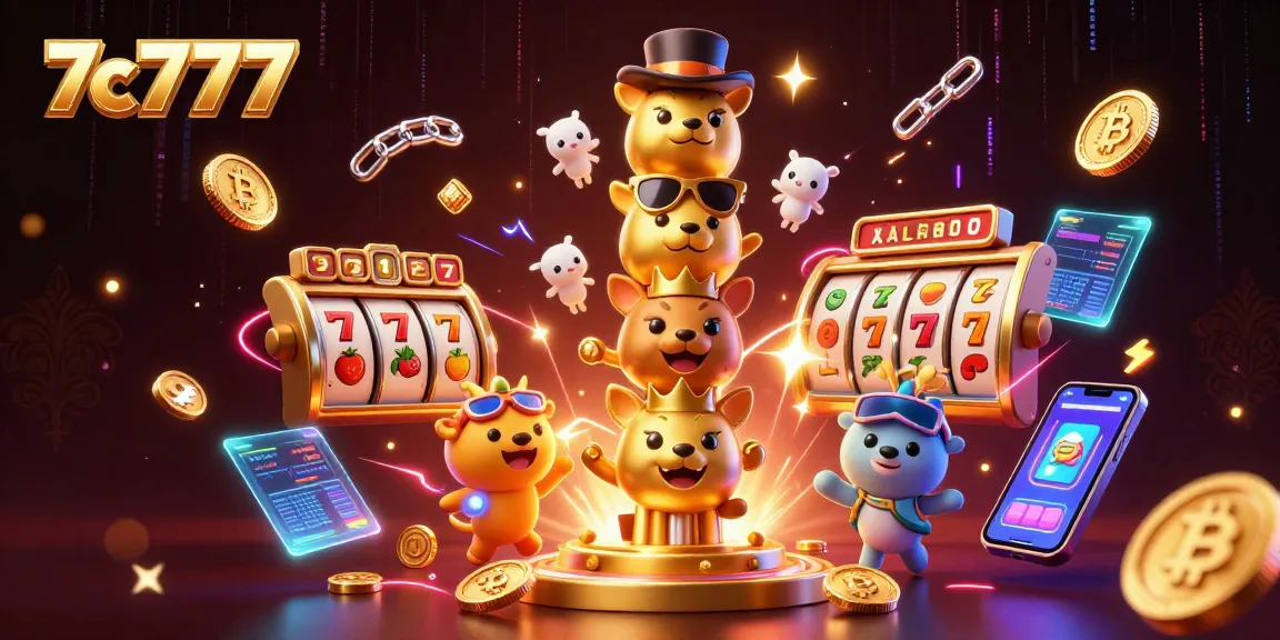 Spin vibrant slot reels and crypto-rich Bitcoin elements with the 7c777 brand illustration.