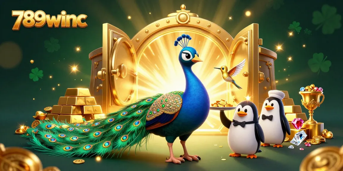 Experience vibrant gaming excitement with 789winc featuring a peacock, penguin, and hummingbird amidst treasures.